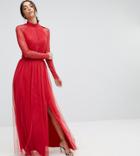 Little Mistress Tall Pleat Front Maxi Dress With Lace Sleeve Detail - Red