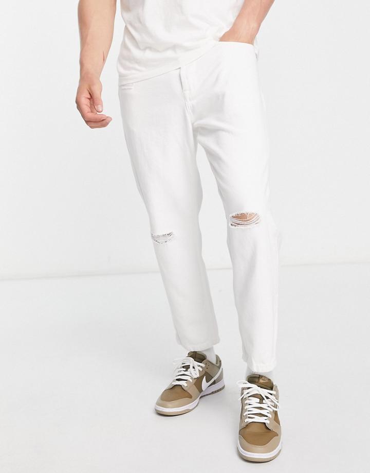 Only & Sons Avi Tapered Cropped Jeans In White With Rips