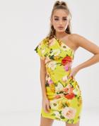 Asos Design One Shoulder Strap Detail Blossom Floral Mini Dress-yellow