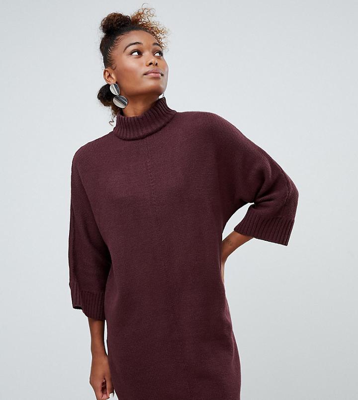 Monki High Neck Knit Dress In Burgundy