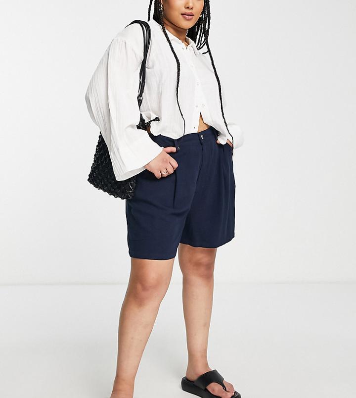 Asos Design Curve Dad Shorts In Navy Linen-blue