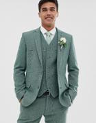 Asos Design Wedding Super Skinny Suit Jacket In Green Wool Blend Mini Check - Green