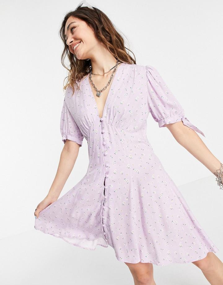 Topshop Primary Floral Button Through Tea Dress In Lilac-purple