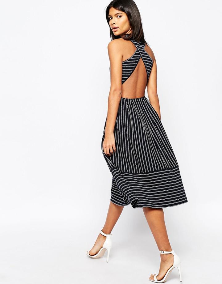 Asos Midi Skater Dress In Pinstripe With Cross Back - Multi