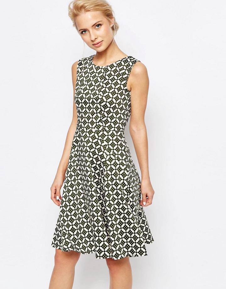 Closet A-line Dress In Retro Polka Dot - Green