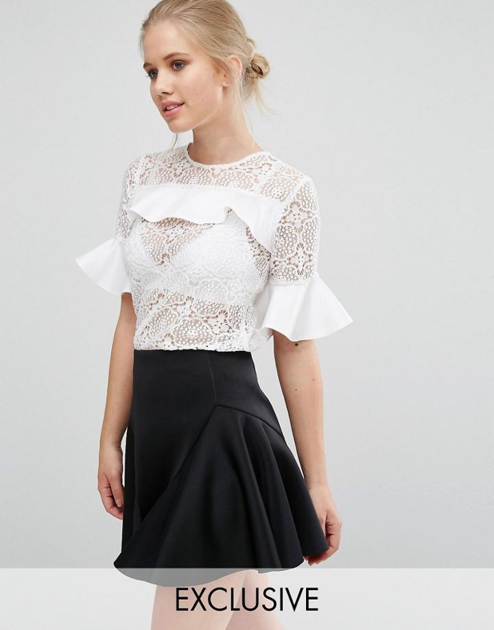 Closet Lace Blouse With Satin Ruffle Detail - White