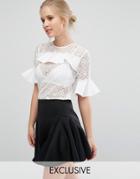 Closet Lace Blouse With Satin Ruffle Detail - White