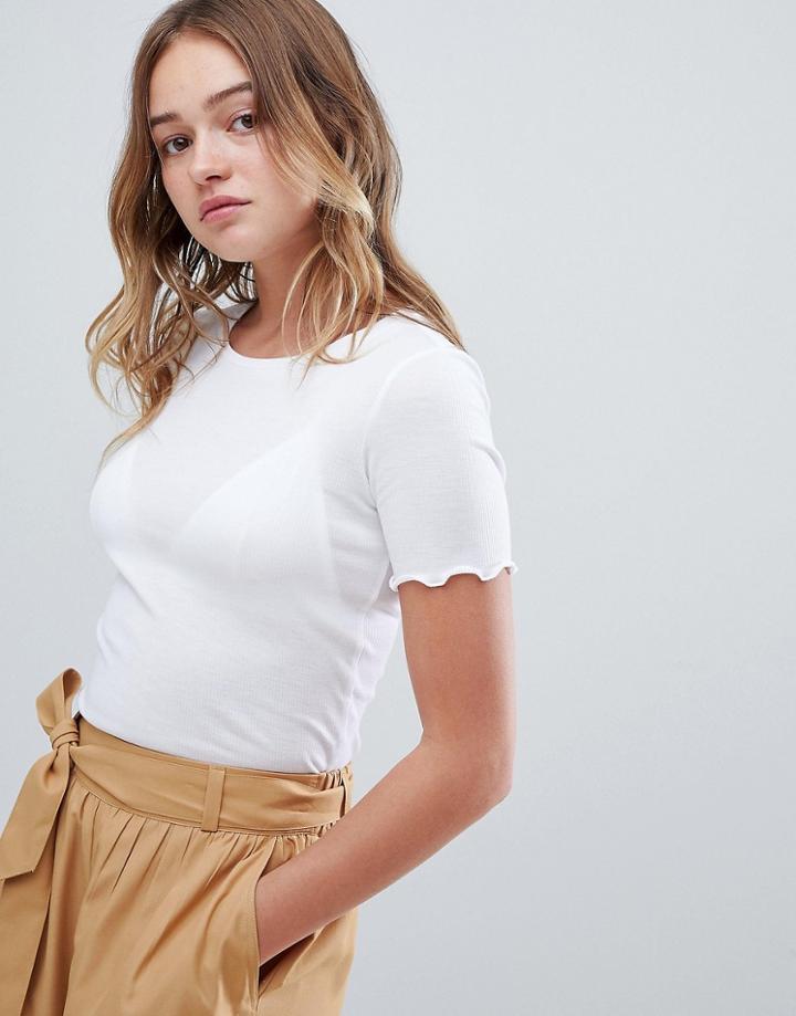 Monki Frill Edge Ribbed T-shirt In White - White