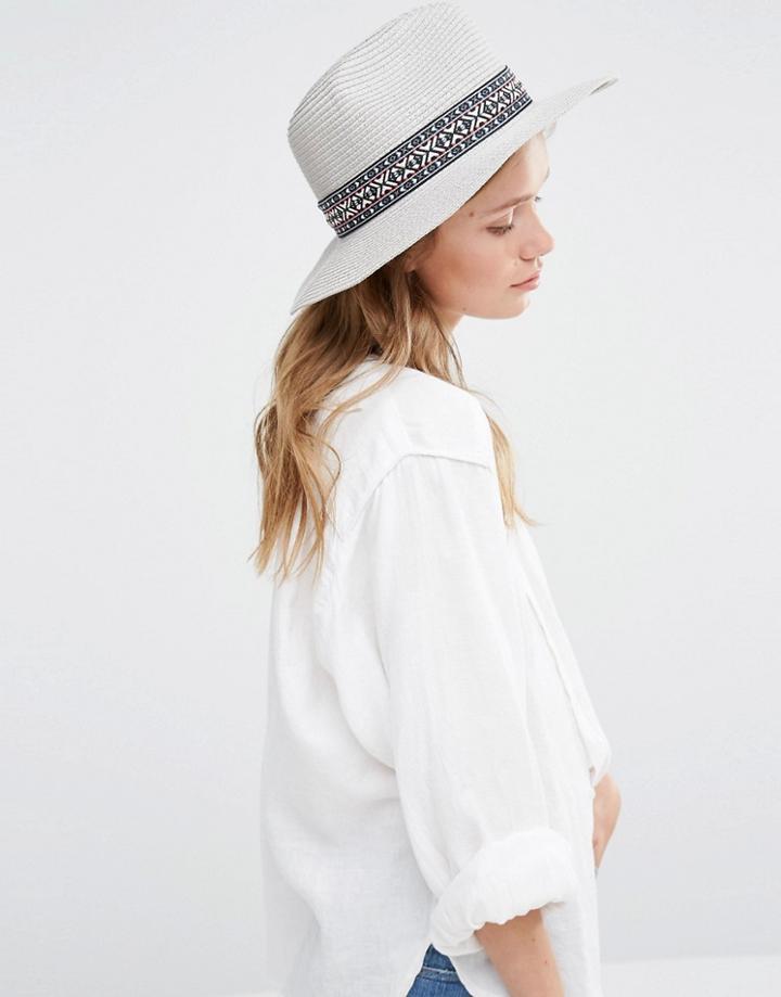 Liquorish Wide Brim Fedora Hat With Patterned Band - Gray