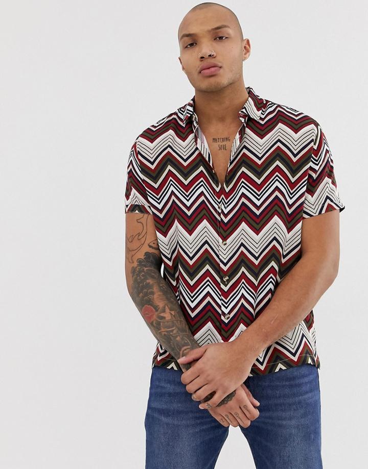 Asos Design Oversized Chevron Stripe Shirt In Khaki & Red - Multi