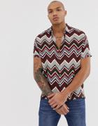 Asos Design Oversized Chevron Stripe Shirt In Khaki & Red - Multi