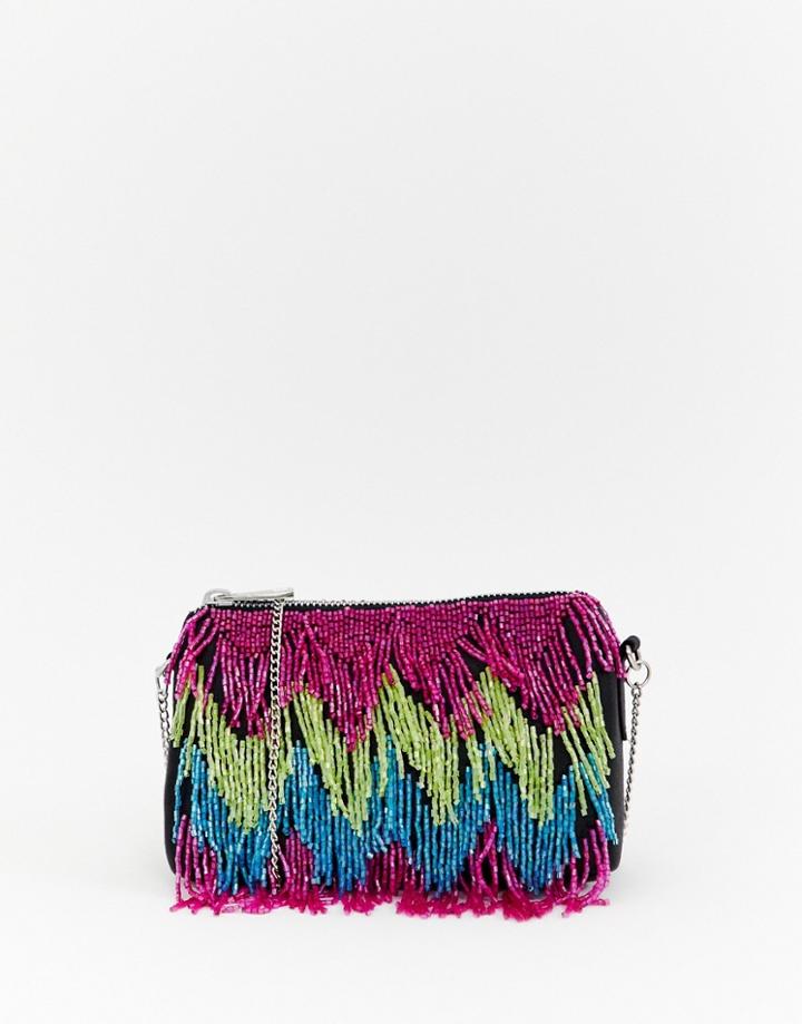 Asos Design Beaded Fringe Chevron Bag - Multi