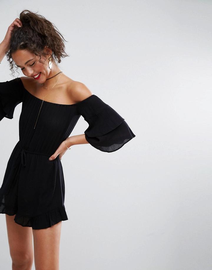 Asos Off Shoulder Romper In Crinkle With Frill Hem - Black