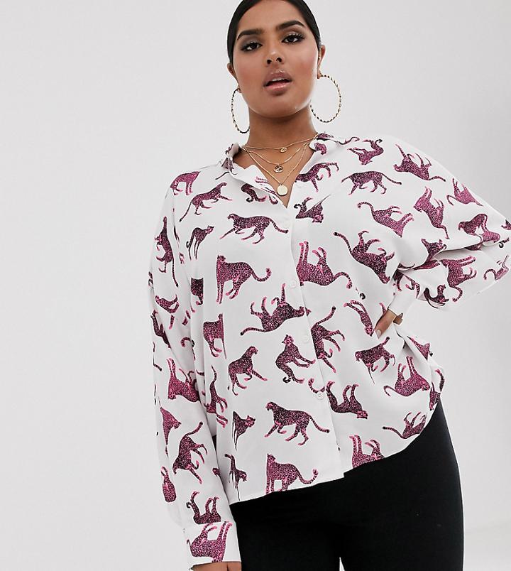 Asos Design Curve Long Sleeve Cropped Shirt In Leopard Print - Multi