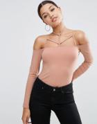 Asos Top With Cage Neck Detail And Long Sleeve - Stone