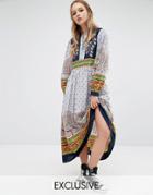 Reclaimed Vintage Maxi Dress With Peacock Embroidered Detailing With Multi Prints - Multi