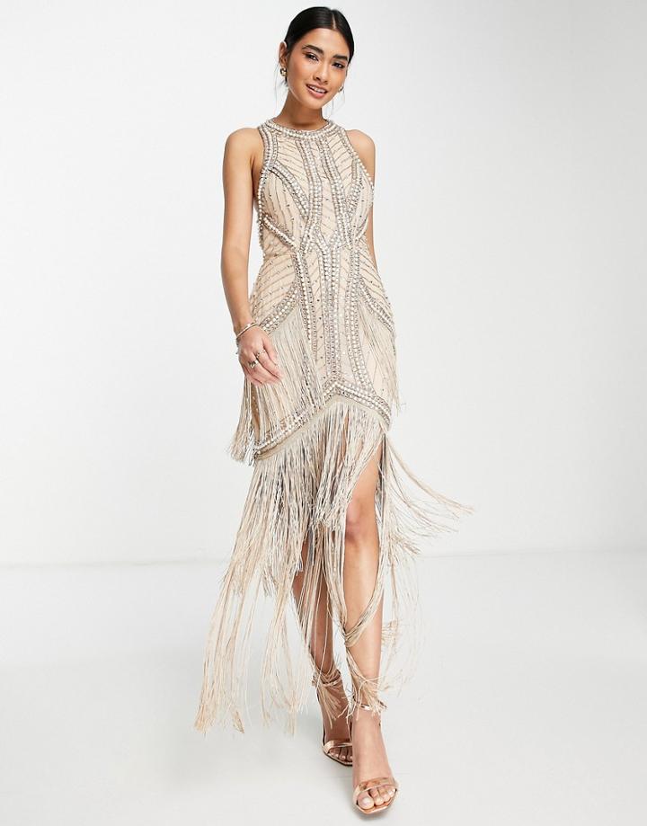 Asos Design Embellished High Neck Maxi Dress With Fringe Hem-pink