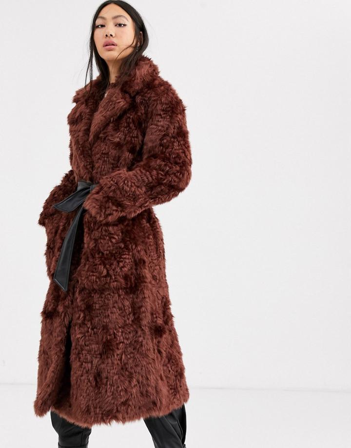 Asos White Faux Fur Belted Coat-brown