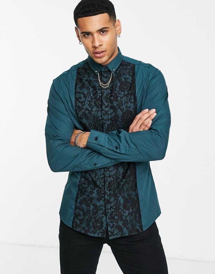 Twisted Tailor Form Skinny Shirt In Forest Green With Lace Panel