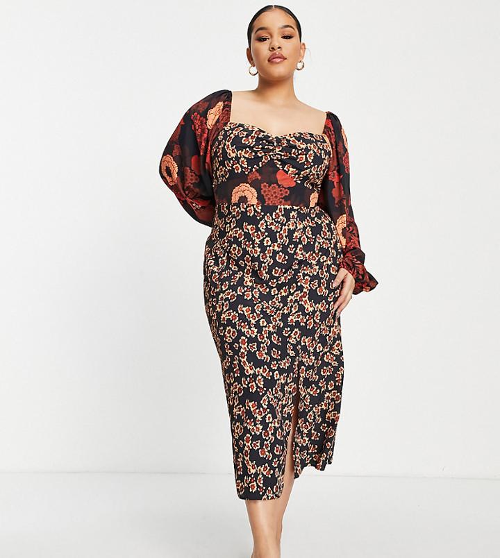 Asos Design Curve Long Sleeve Midi Dress In Mixed Floral Print-multi