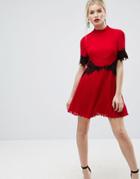 Asos Lace Waist And Cuff Pleated Mini Dress - Red