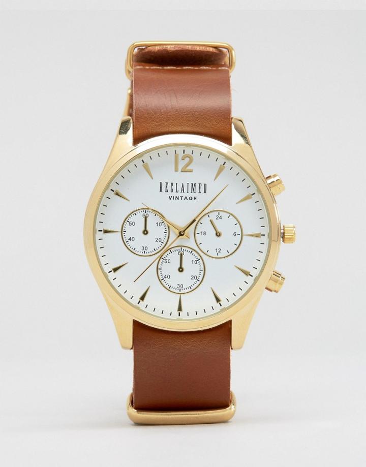 Reclaimed Vintage Chronograph Leather Watch In Tan - Tan