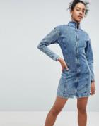 Asos Design Denim Funnel Neck Dress In Acid Wash-blue