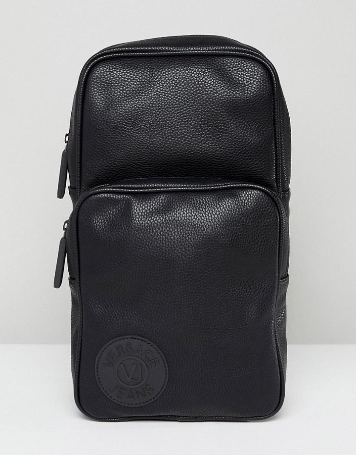 Versace Jeans Leather Flight Bag In Black With Logo - Black