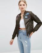 Brave Soul Logo Applique Bomber Jacket - Green