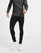 Topman Skinny Jeans With Rips In Washed Black