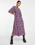 French Connection Bethany Verona Flutter Sleeve Midi Dress In Purple Ditsy Floral-multi