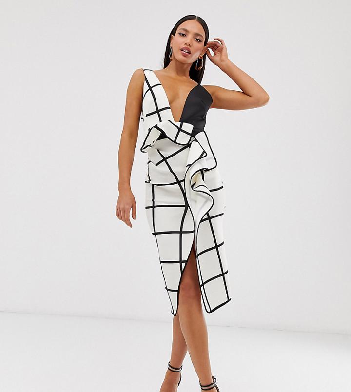 Asos Design Tall Mono Grid Check Waterfall Pencil Dress - Multi
