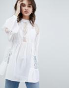 Asos Design Longline Smock Blouse With Lace Insert - White