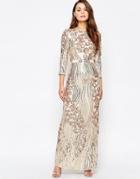 Little Mistress Heavily Embellished 3/4 Sleeve Maxi Dress - Gold