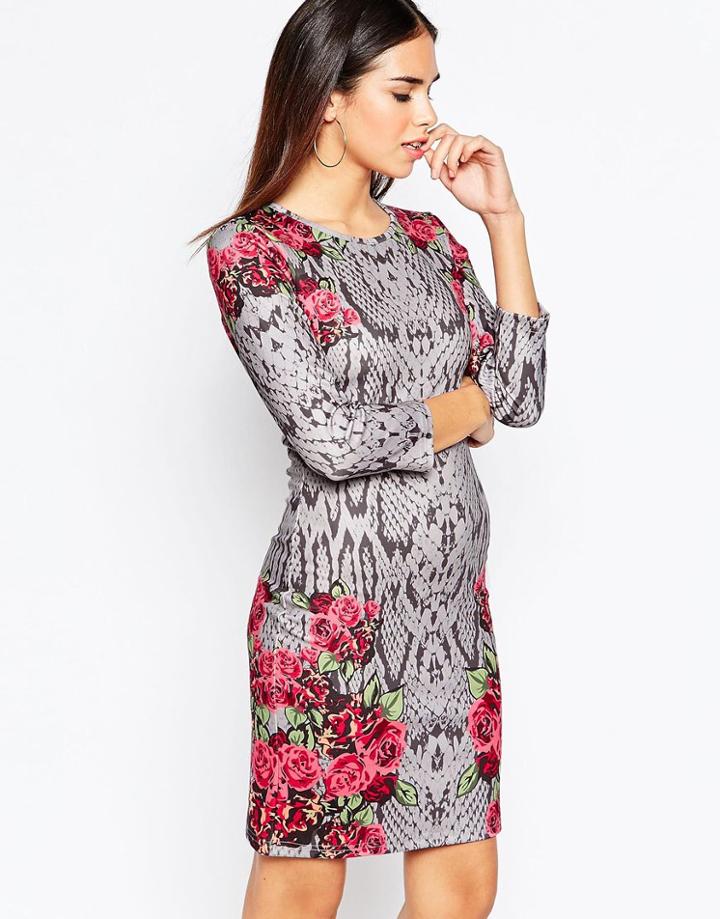 City Goddess Body-conscious Dress In Snakeskin Rose Placement Print - Gray