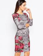 City Goddess Body-conscious Dress In Snakeskin Rose Placement Print - Gray