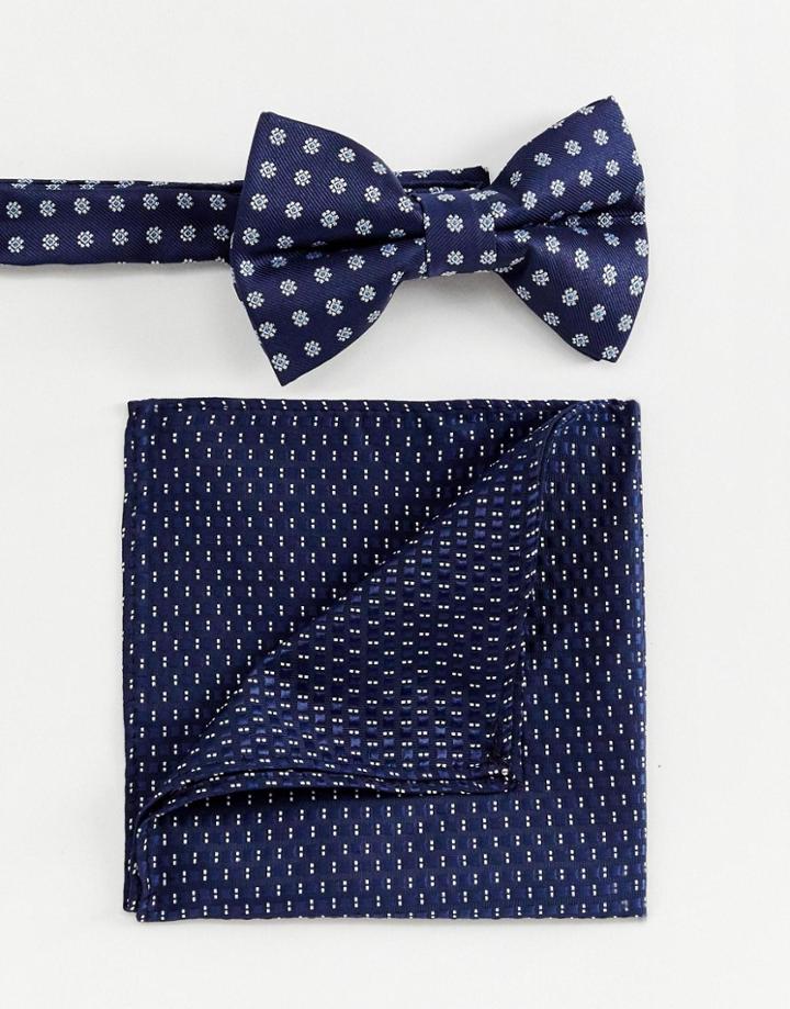 Asos Design Bow Wedding Tie And Pocket Sqaure In Ditsy Floral - Blue