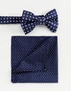 Asos Design Bow Wedding Tie And Pocket Sqaure In Ditsy Floral - Blue