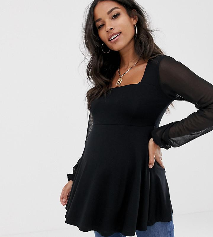 Asos Design Maternity Nursing Double Layer Top With Square Neck And Mesh Sleeve - Black