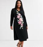 Asos Design Curve Embroidered Wrap Midi Dress-black