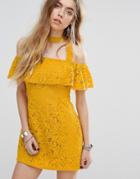 Minkpink Beauty And The Beast Bardot Frill Dress With Choker Strap Detail In Lace - Yellow