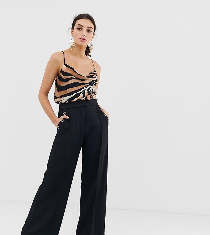 River Island Wide Leg Pants With Button Detail In Black - Black