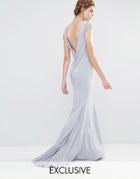 Jarlo Wedding Fishtail Maxi Dress With Lace Cap Sleeve And Button Back - Silver Gray