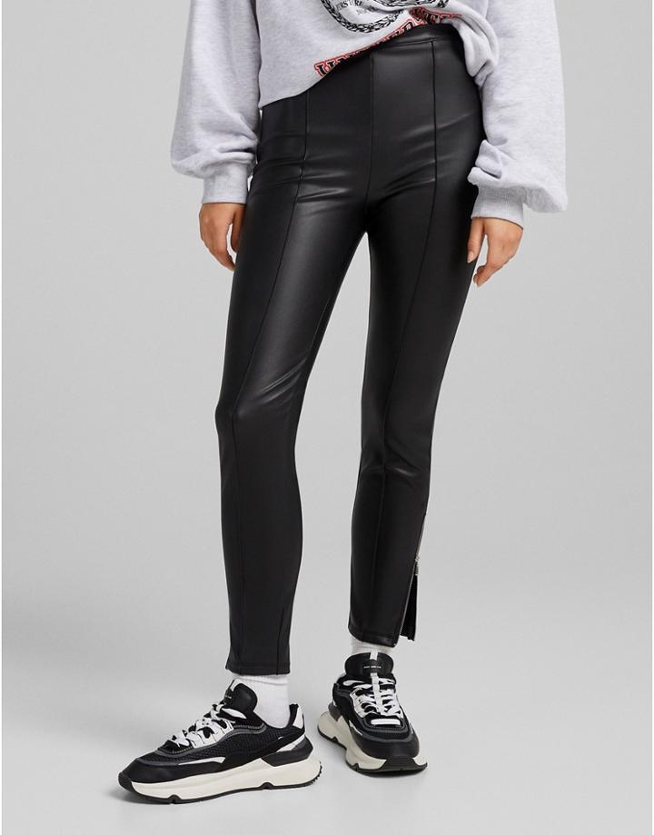 Bershka Faux Leather Skinny Pant With Zip Hem In Black