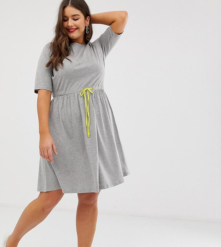 Junarose T-shirt Dress With Contrast Waist Tie - Gray