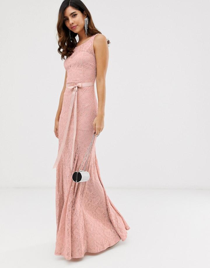 City Goddess All Over Lace Maxi Dress With Belt Detail - Pink