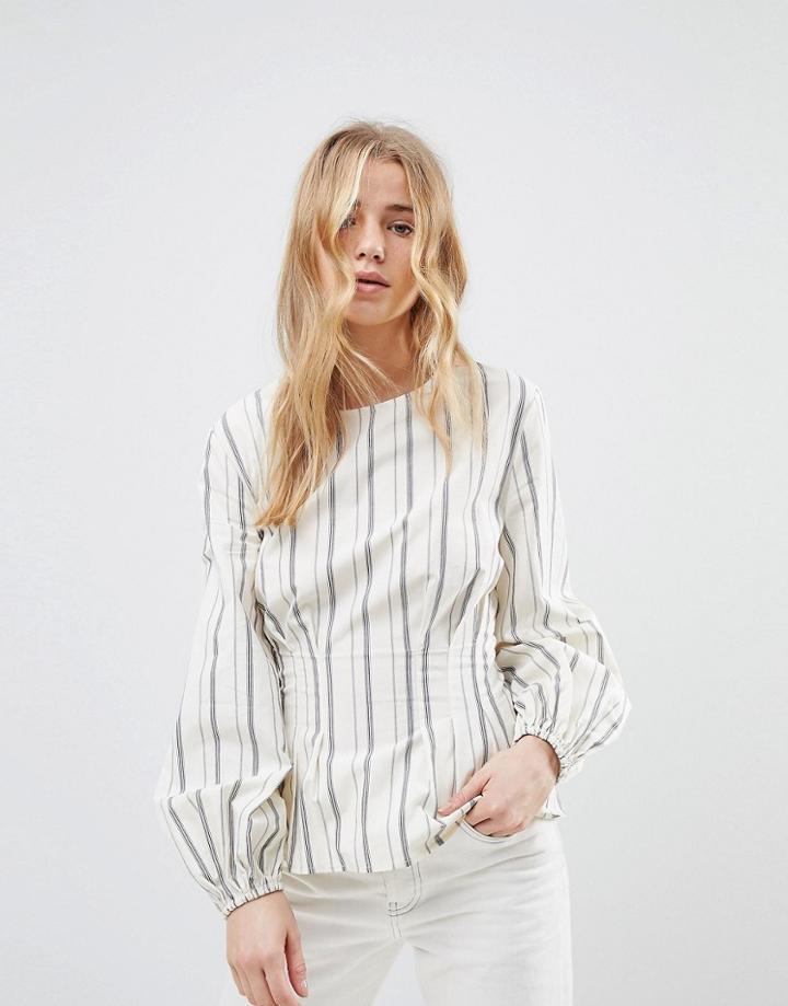 New Look Stripe Cotton Puff Sleeve Top - White
