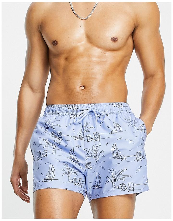 Asos Design Swim Shorts With Line Drawing Beach Print Short Length-blue