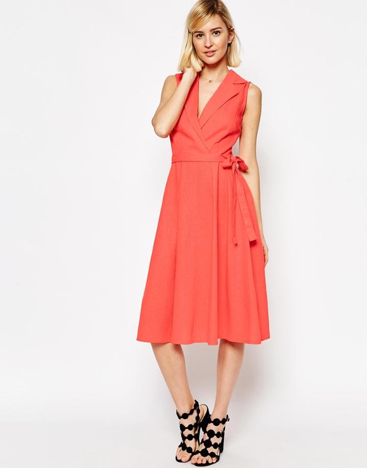 Asos Sleeveless Linen Midi Shirt Dress With Belt - Pink