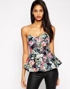 Asos Bandeau Peplum Top In Floral Print - Printed